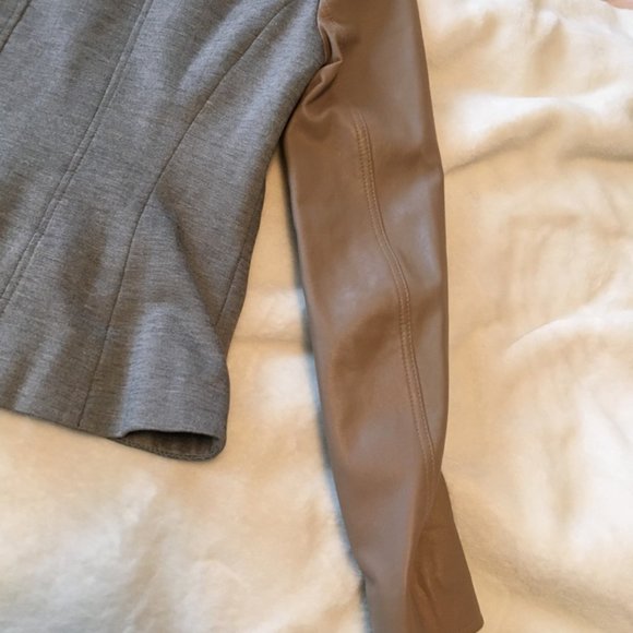 Ted Baker Beyty Grey blazer jacket zip up with tan brown leather sleeves size 1 - Picture 12 of 16